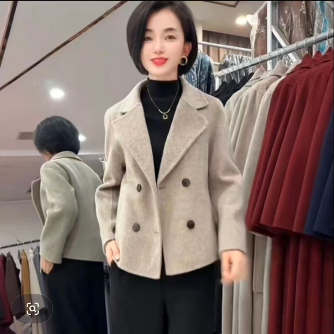 秋冬新款小香风双面呢大衣女短款西装领宽松气质百搭外818