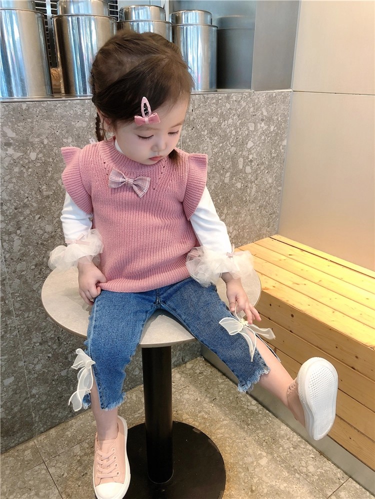 女童秋款针织小飞袖背心女宝宝套头毛线马甲上衣ins风无袖简约风