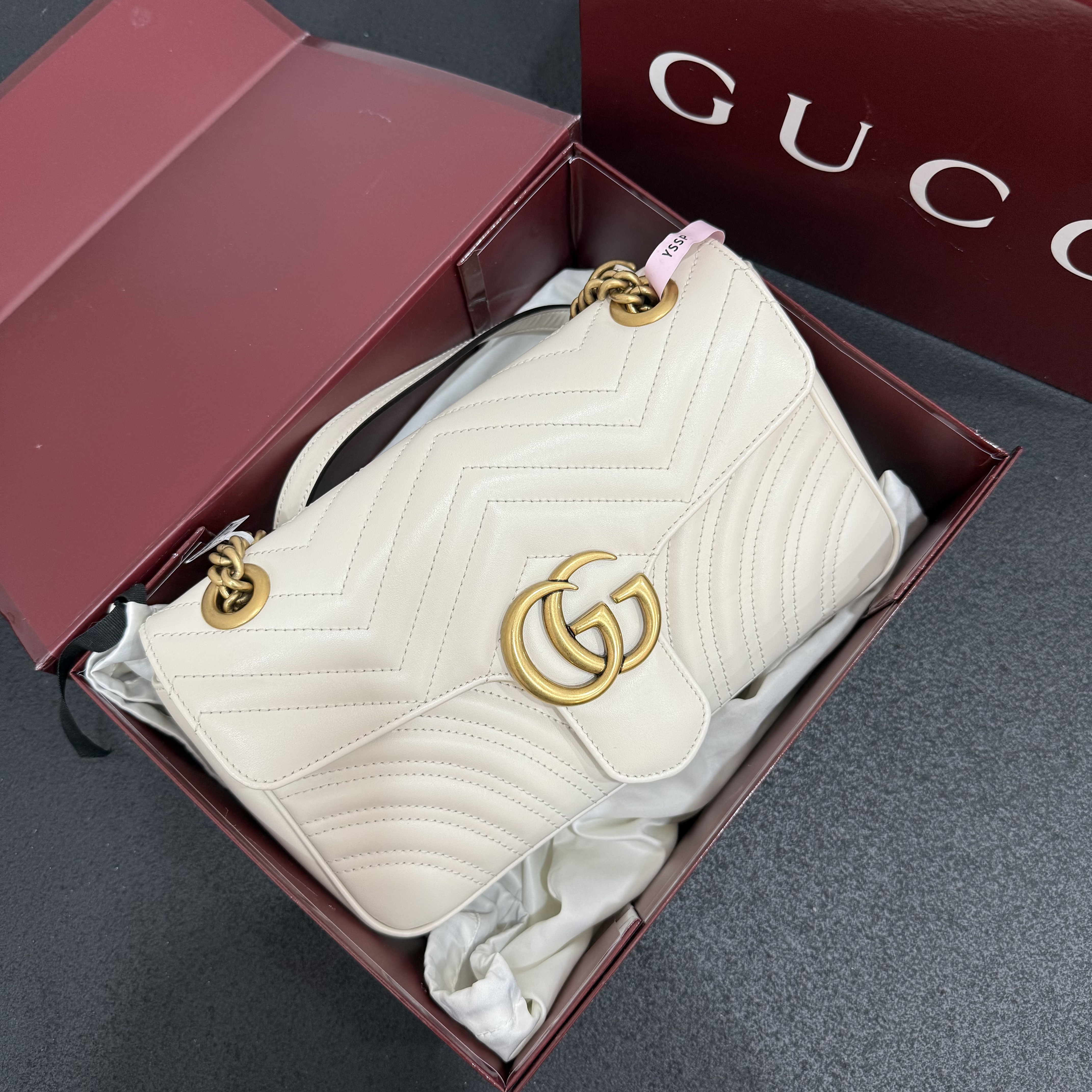 未使用 GUCCI/古驰 壹所奢品GUCCI 马蒙26 白金 单肩斜挎包 全新