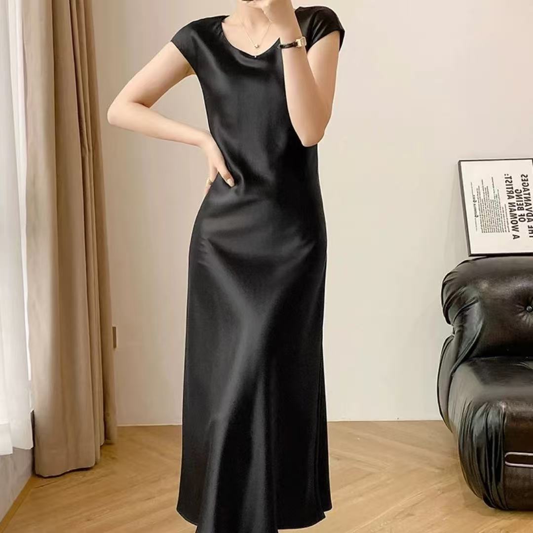 （南油小敏/包肩裙）醋酸流光缎面圆领包肩裙气质性感复古收腰