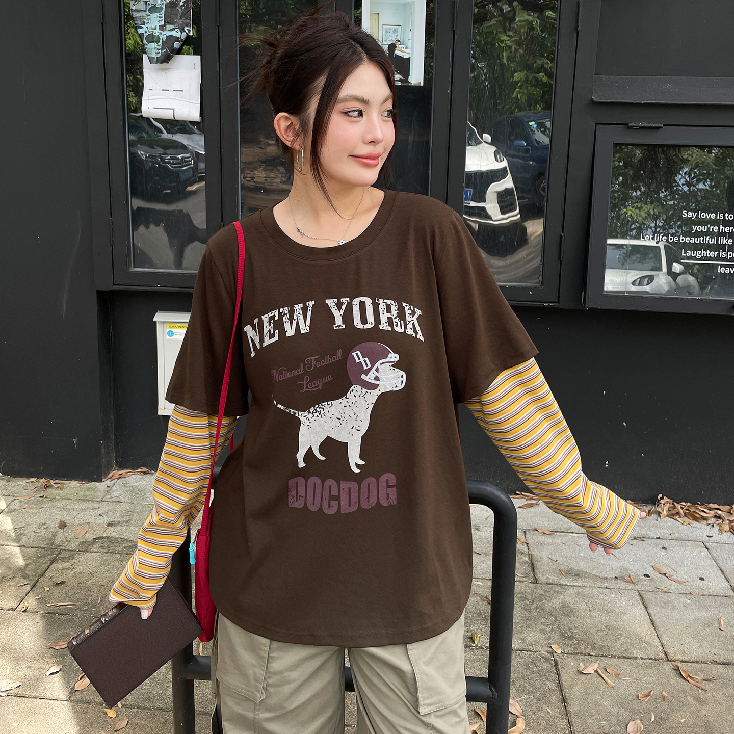 早秋款女装2025年新款韩系chic别致上衣大码胖mm条纹拼接圆领长袖