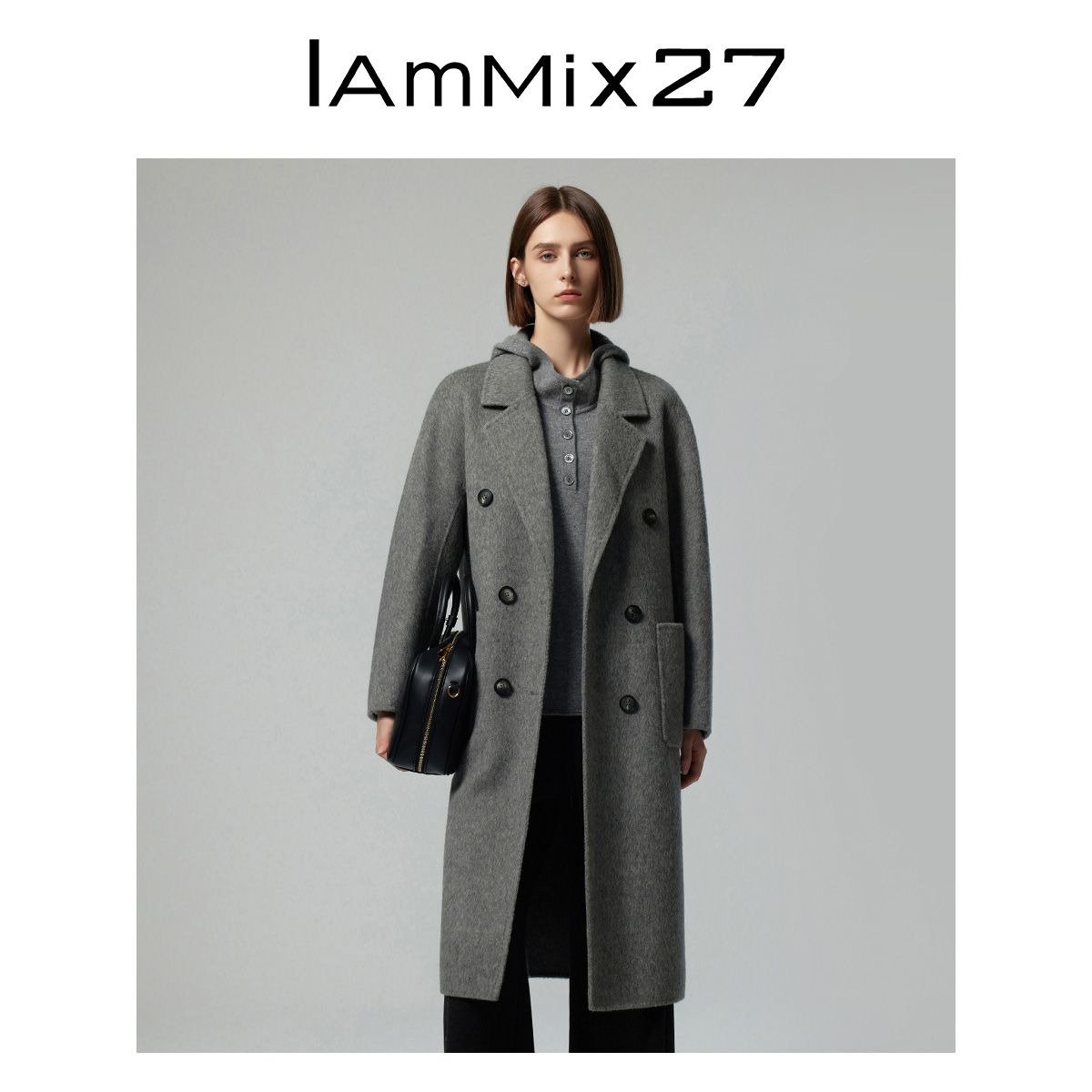 Iammix27冬季灰色中长款高级感宽松西装领双面呢外套女M4D4003