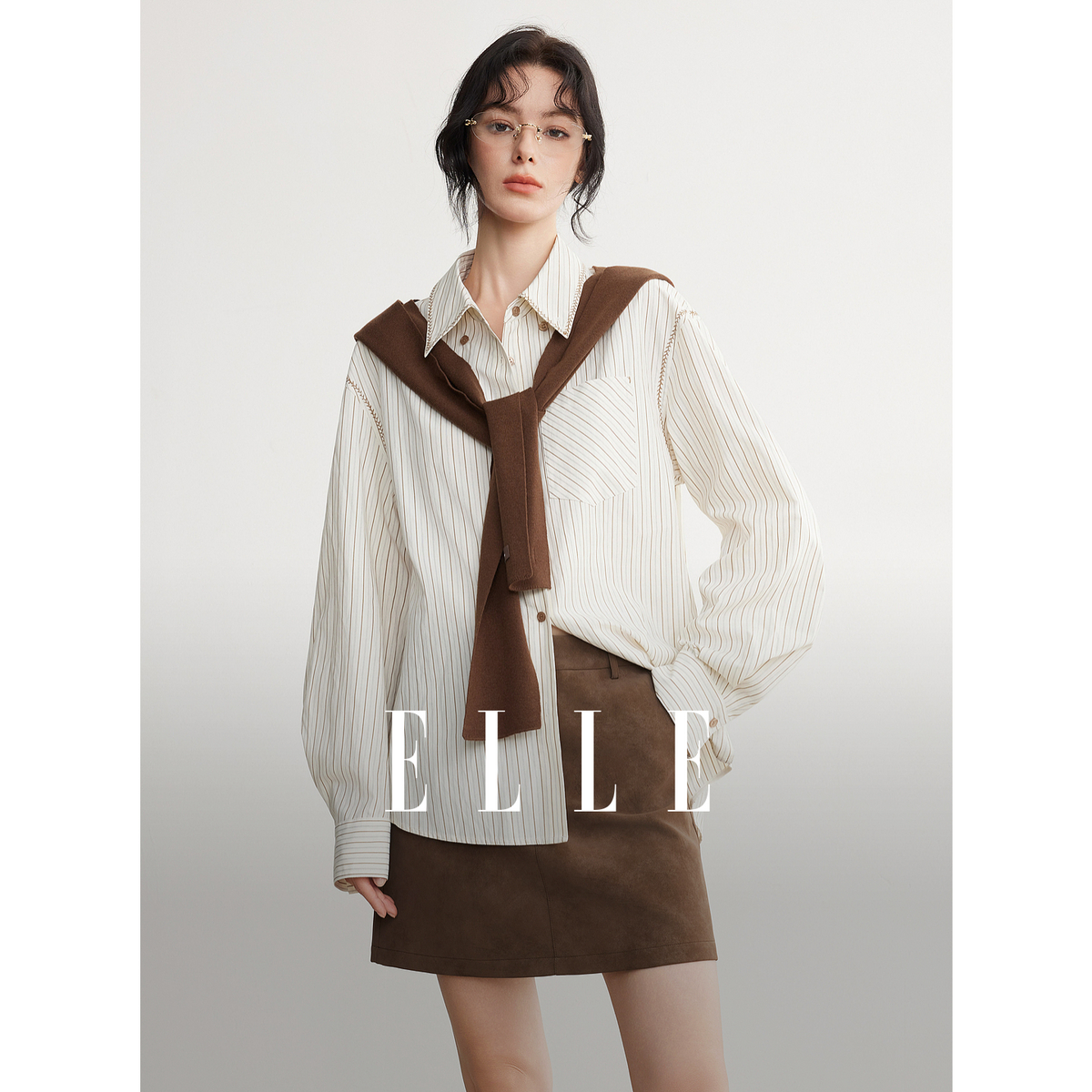 ELLE女装条纹拼接长袖衬衫26春季新款通勤时髦休闲衬衣EC63492