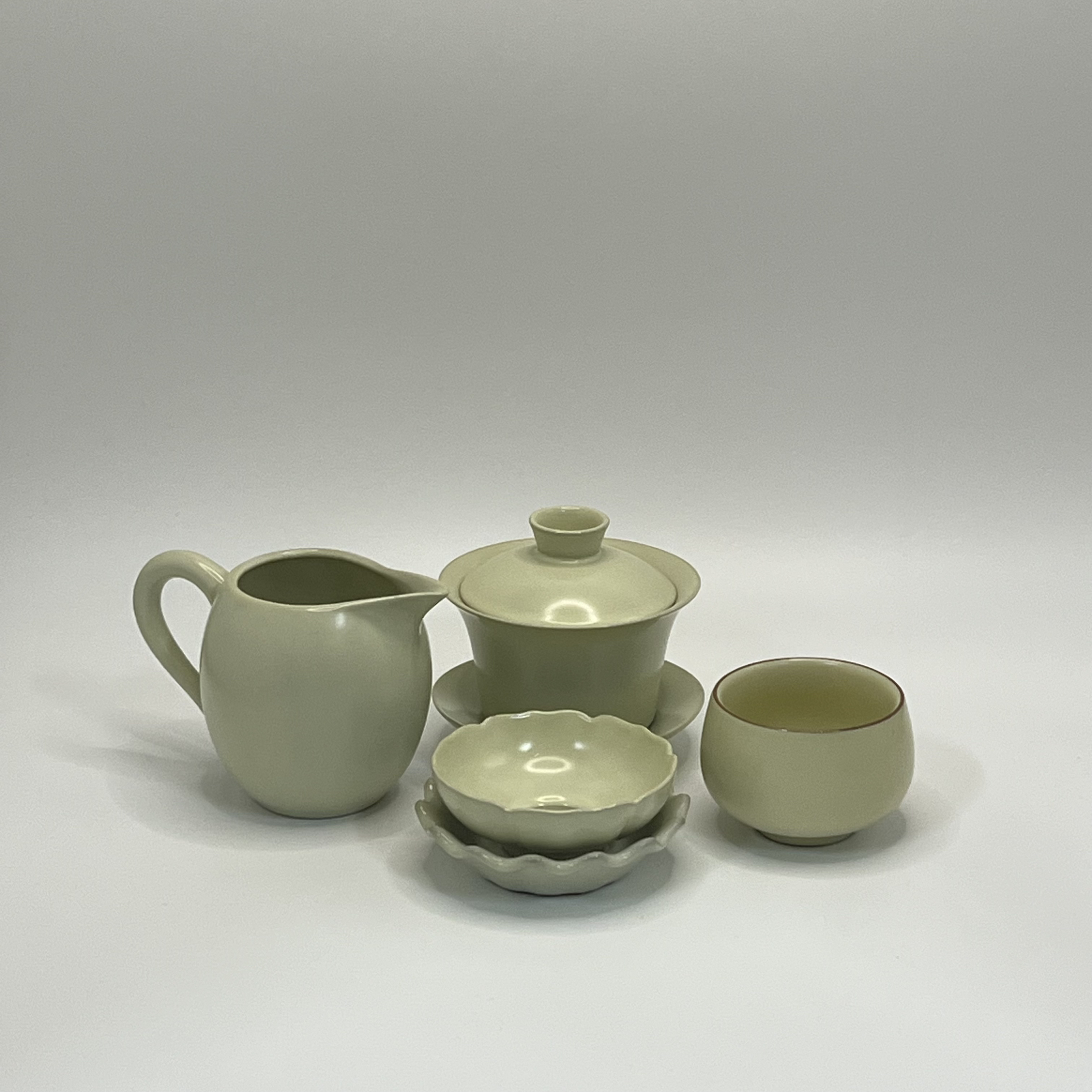 T06黄色汝窑手把公道杯三才盖碗套组