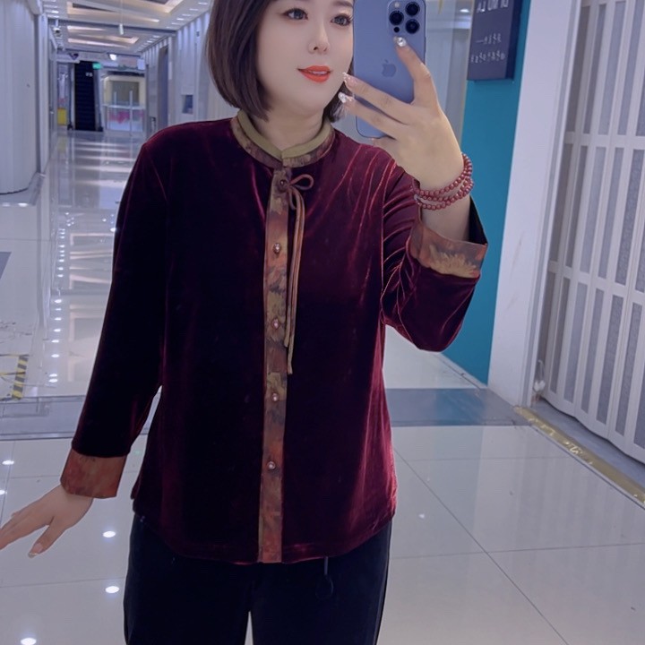8672秋季新款中老年女装金丝绒立领宽松大码开衫衬衫