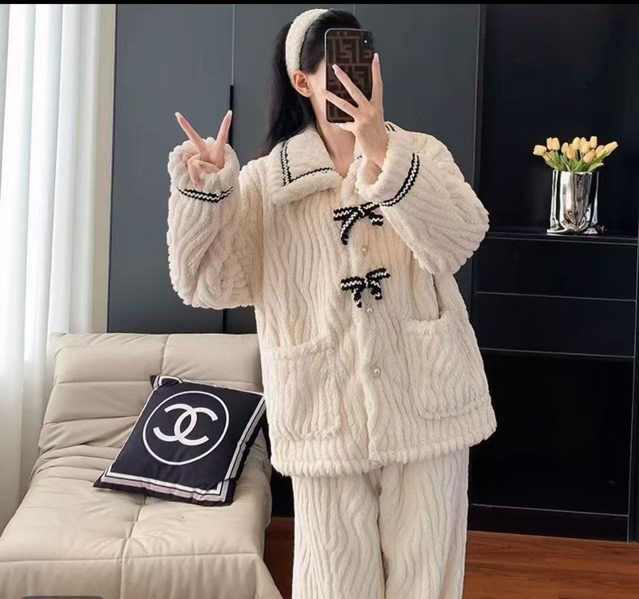 蝴蝶结睡衣套装冬季拉链加绒加厚家居服立领长袖保暖