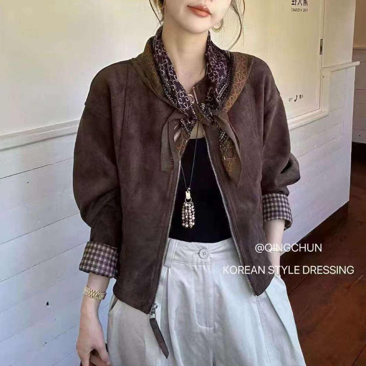 【韩衣舍】百搭短款秋季常规女短外套重工休闲女装气质拼接