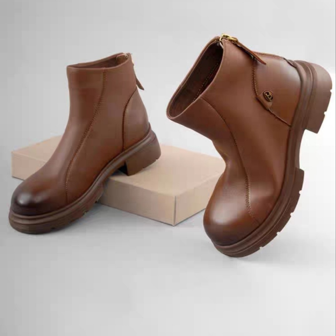 羊皮短靴女新款后拉链粗跟瘦瘦靴冬季