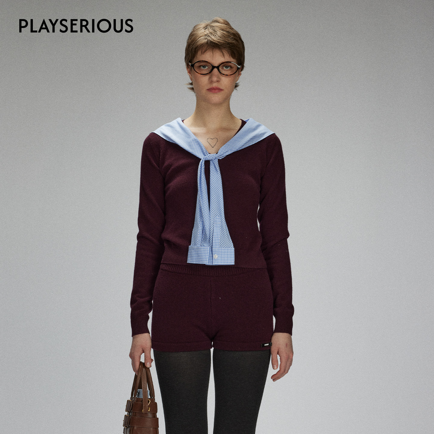 LACERTA 25秋季新款披肩针梭拼接针织毛衣学院风蓝格纹羊毛上衣