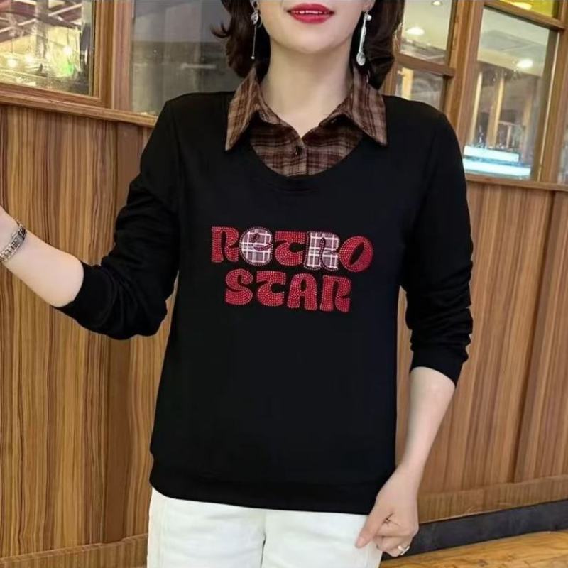 春秋新款格子拼接妈妈装卫衣洋气时尚假两件烫钻字母韩版宽松上衣