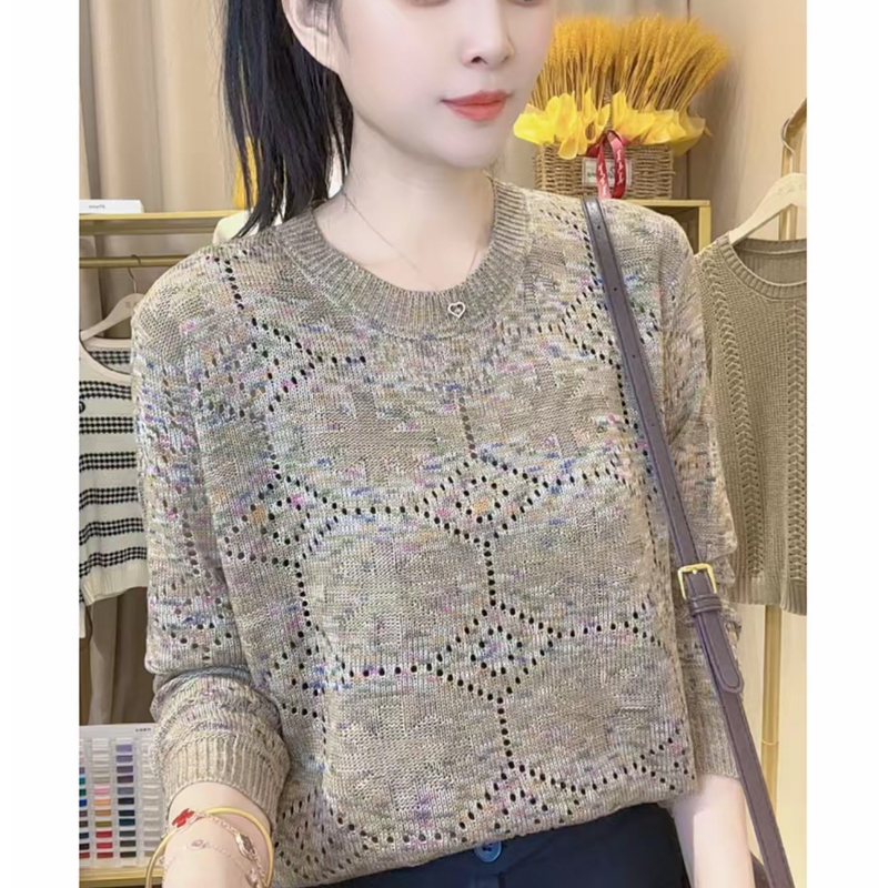 毛衣女士装2025新款潮早秋季长袖圆领显瘦镂空针织打底衫洋气上衣