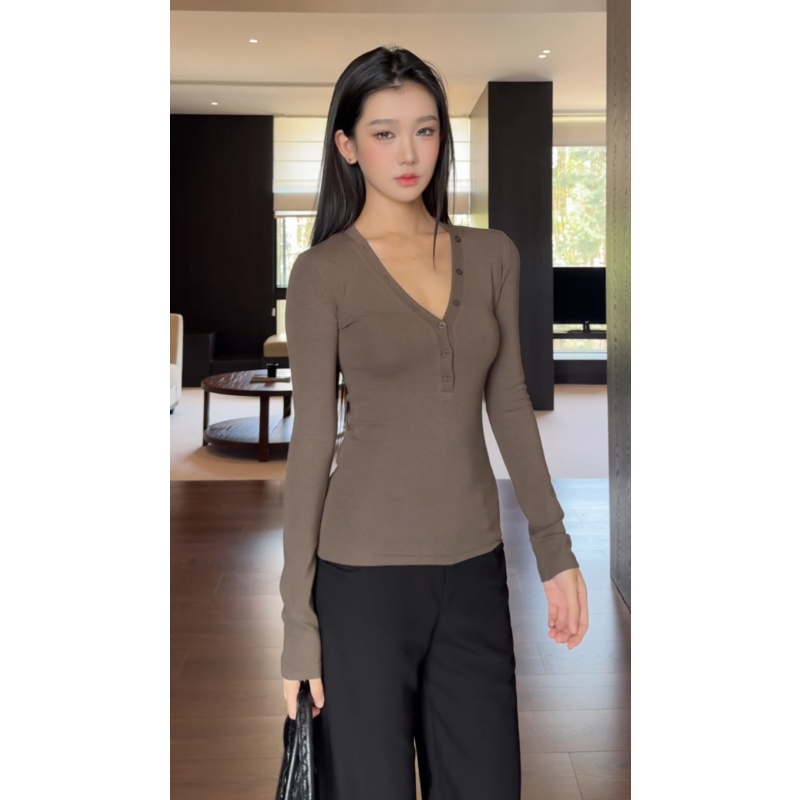 LELEPENG 辣妹上衣修身显瘦内搭V领打底衫女秋季长袖t恤2525278