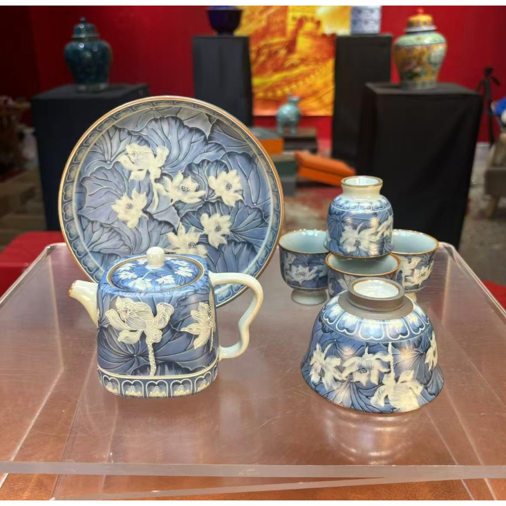 掐丝银蓝彩荷花四方壶一壶四杯+主人杯+盘（无礼盒） 2954