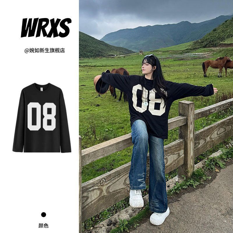 【婉如新生】美式数字08印花长袖t恤女2025新款高街hiphop宽松上衣