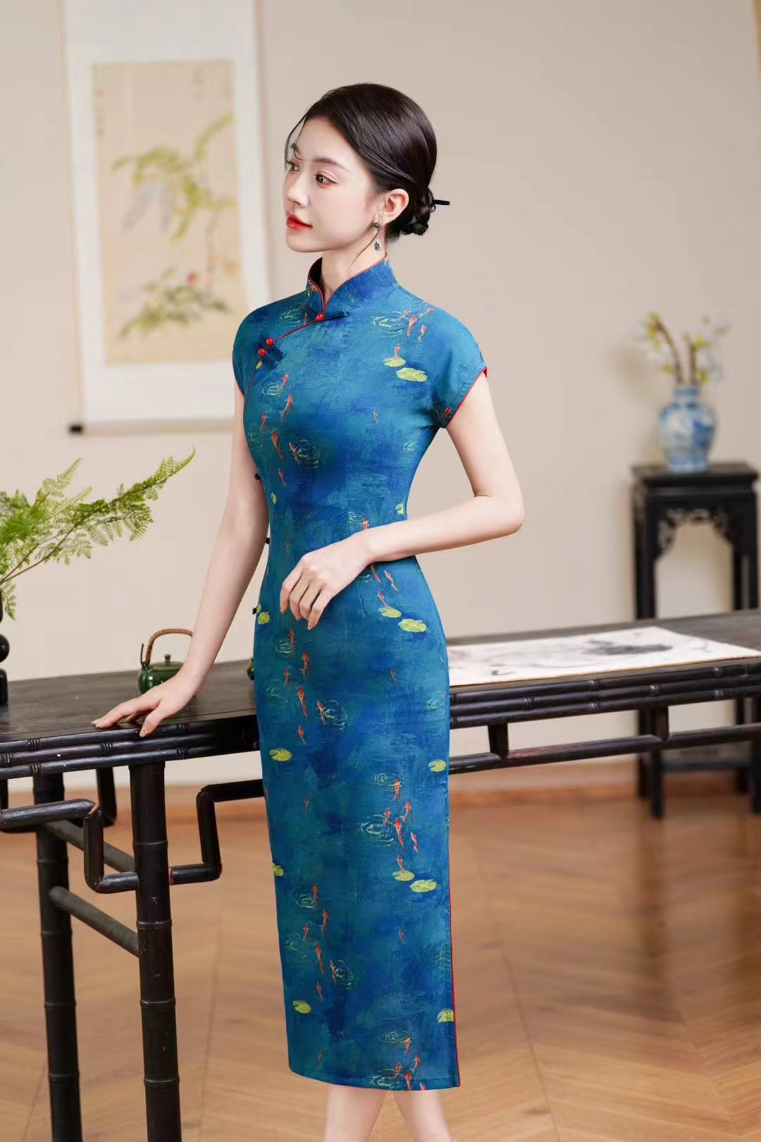 中国风新中式少女短袖双层旗袍低领长裙日常修身复古风蝴蝶刺绣