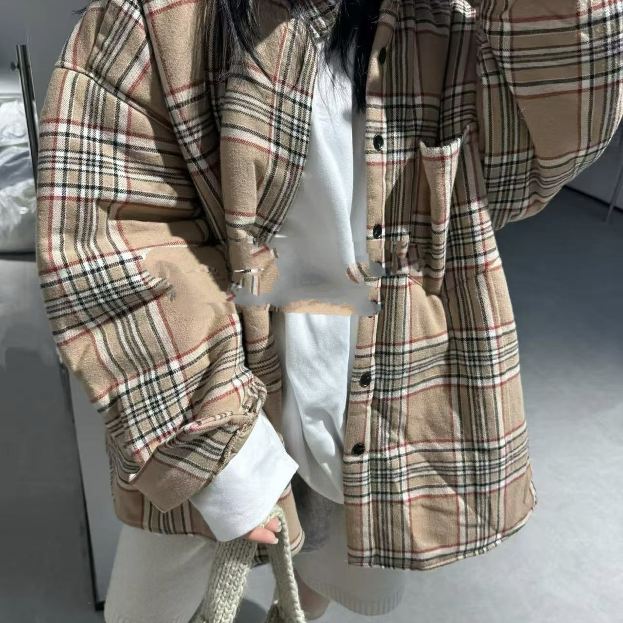 （東Room）秋冬新款军绿色格子衬衫棉服夹棉宽松慵懒保暖显瘦外套