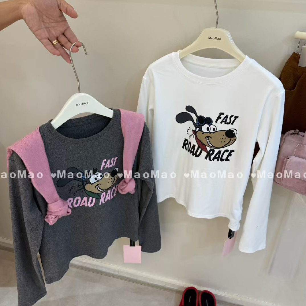 卡通狗字母印花磨毛打底衫长袖T恤女2025ins减龄德绒保暖上衣9522