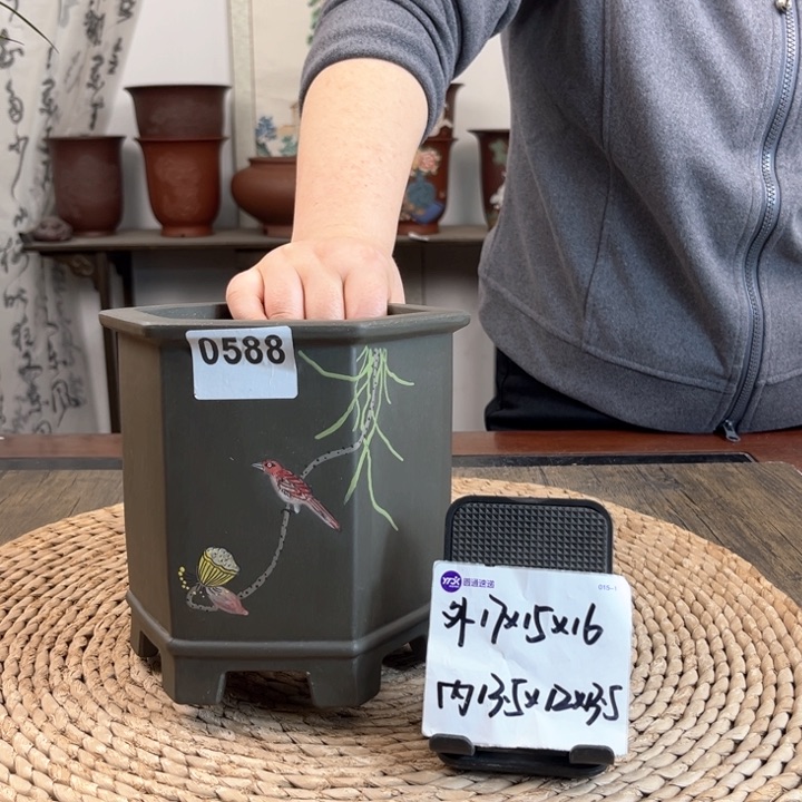 紫砂花盆纯料墨绿手绘六方0588