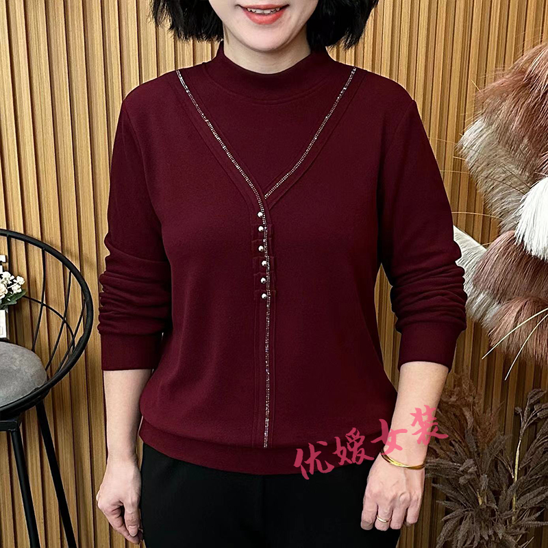 中老年女装秋冬双面绒拼接褶皱休闲显瘦百搭洋气妈妈装长袖上衣
