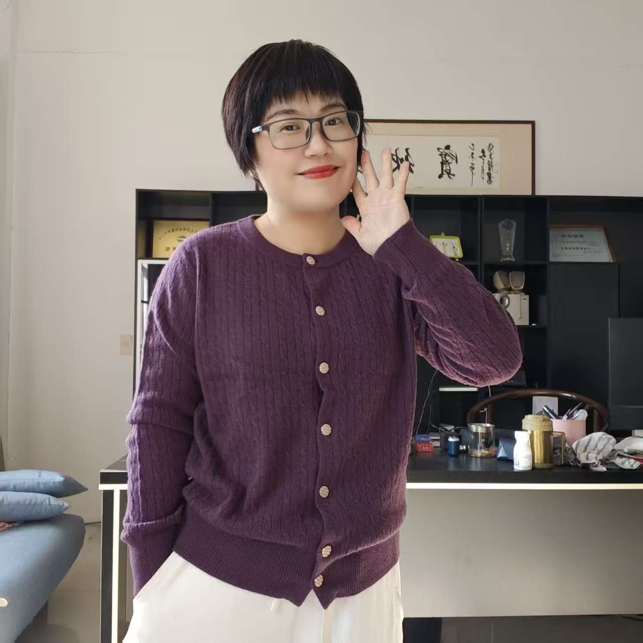 （帛贸羊绒）女士100山羊绒重工阿兰针提花羊绒衫开衫