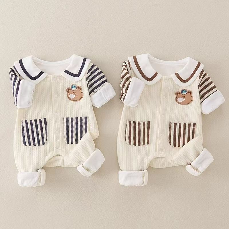 长袖春秋装通用春秋季爬服宝宝单排扣网红学院风哈衣