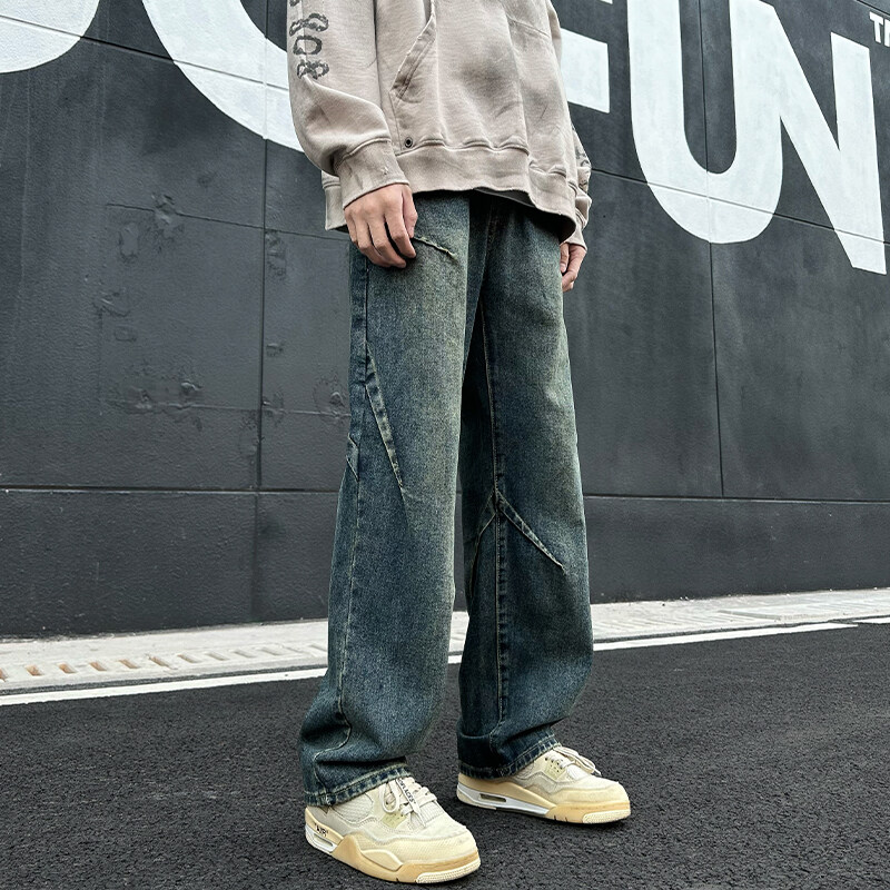 秋季水洗中腰美式男士阔腿牛仔裤高街休闲美式大码春秋直筒百搭