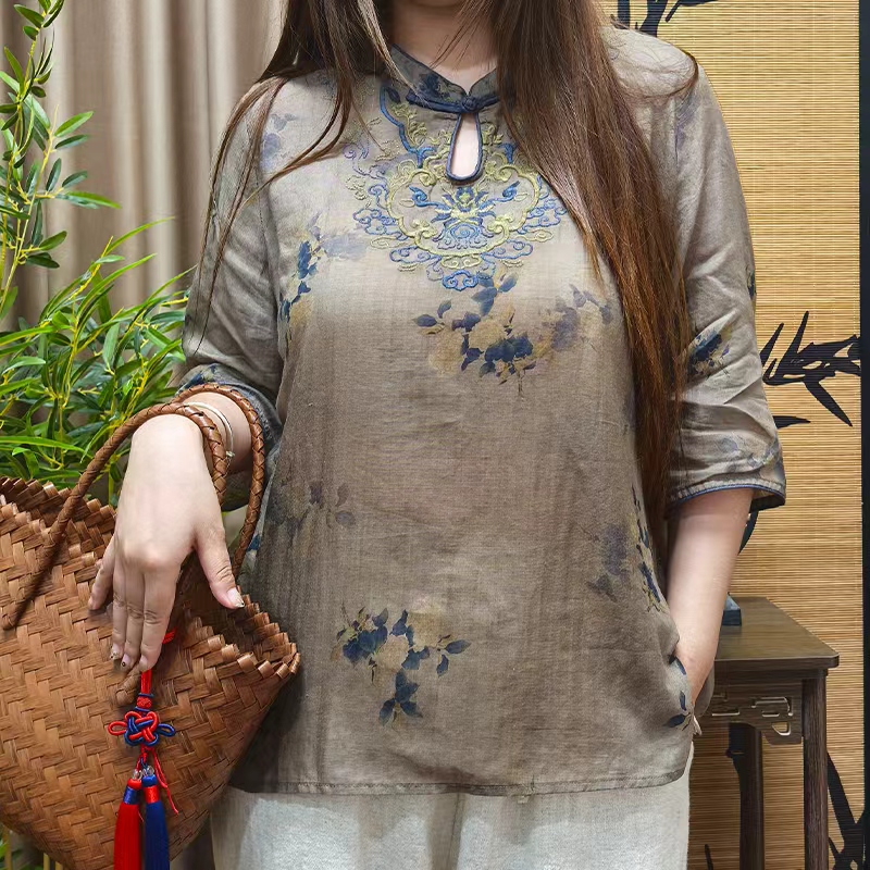 【芙蓉】夏季新中式百支纯苎麻重工刺绣复古手工盘扣国风小衫上衣