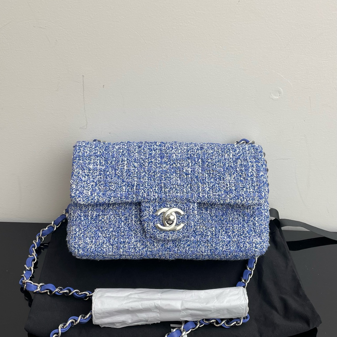 未使用 Chanel/香奈儿 蓝牛仔毛呢银扣CF大mini 附件：尘袋