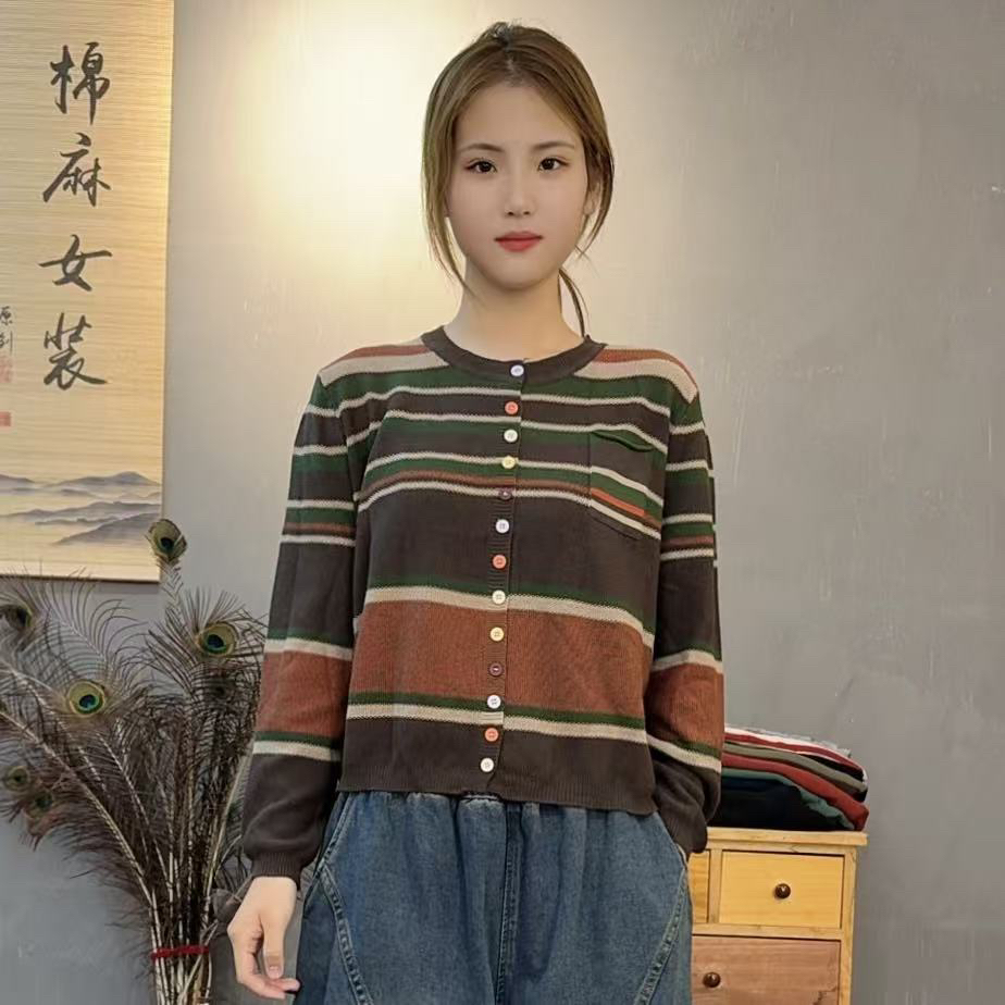 毛针织衫长袖圆领女秋冬短款时尚条纹开衫外套上衣