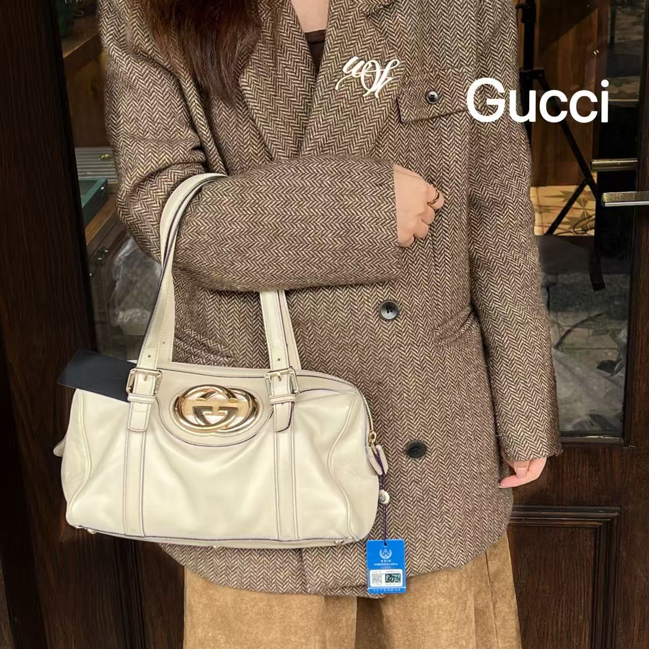 95新 GUCCI/古驰 A1224经典百搭白色皮皮手提包包95新/代卖服务