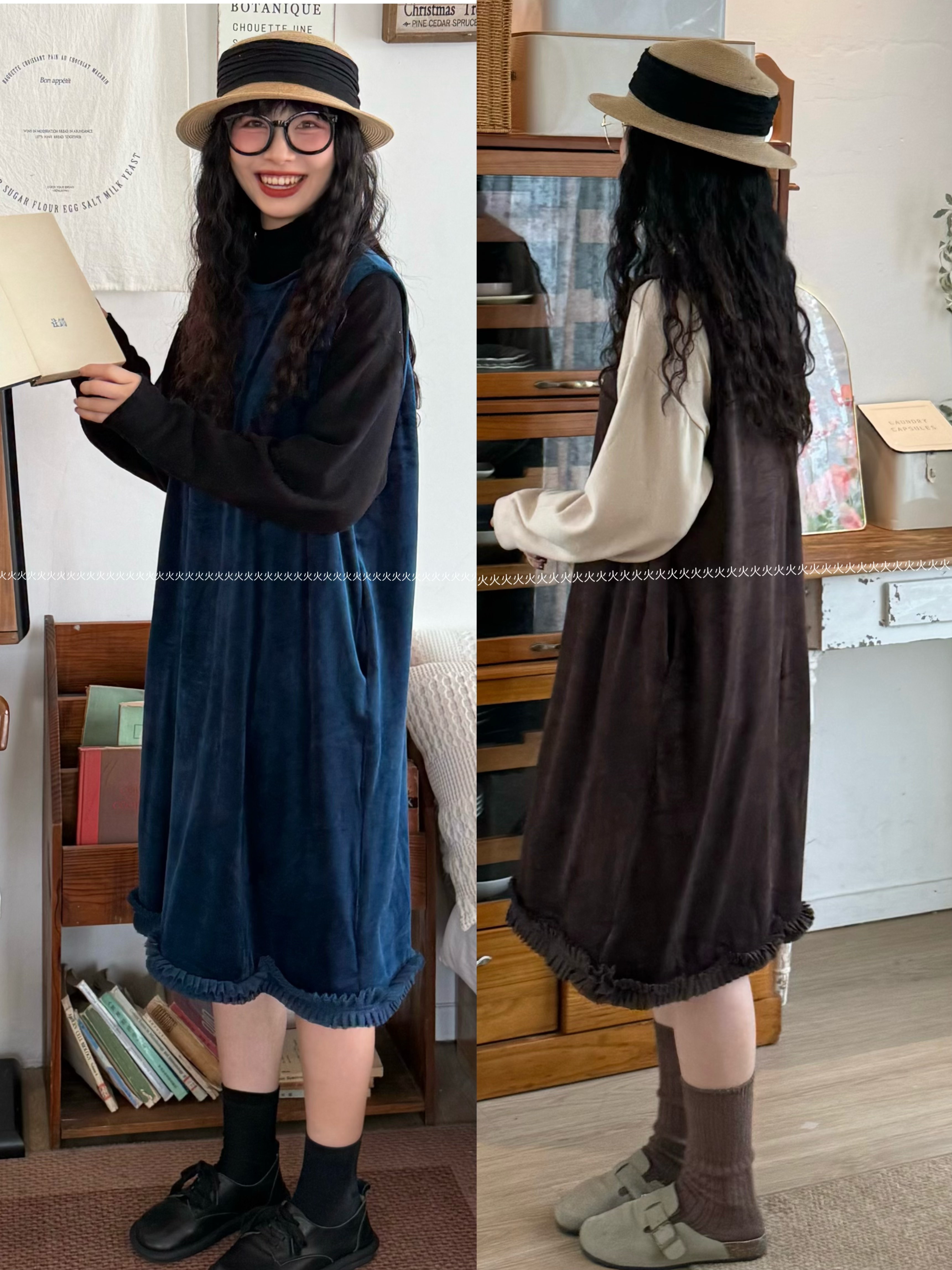 火火【软花绒】秋冬新款日系大码背心裙花边设计宽松显瘦女连衣裙