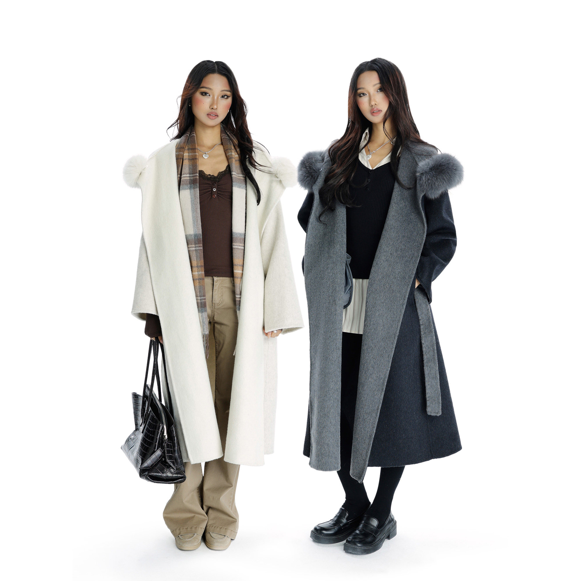 Audwyn连帽绵羊毛双面呢大衣女冬季毛领中长款高级感呢子毛呢外套