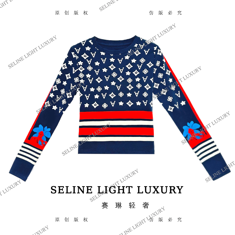 【25Q-658】太 2025 SELINE 新款藏蓝色字母印花时尚轻奢气质长袖