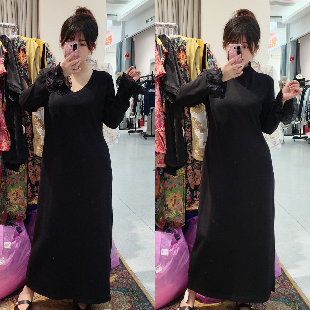 上新价～深圳7319黑美人空气棉连衣裙蕾丝飞飞袖长裙大码裙子