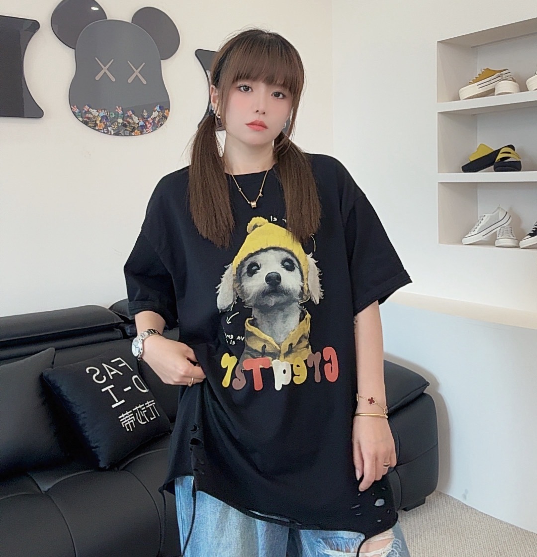 【郁儿严选】82220夏季新款时尚刮破工艺小狗图案宽松韩版休闲T恤