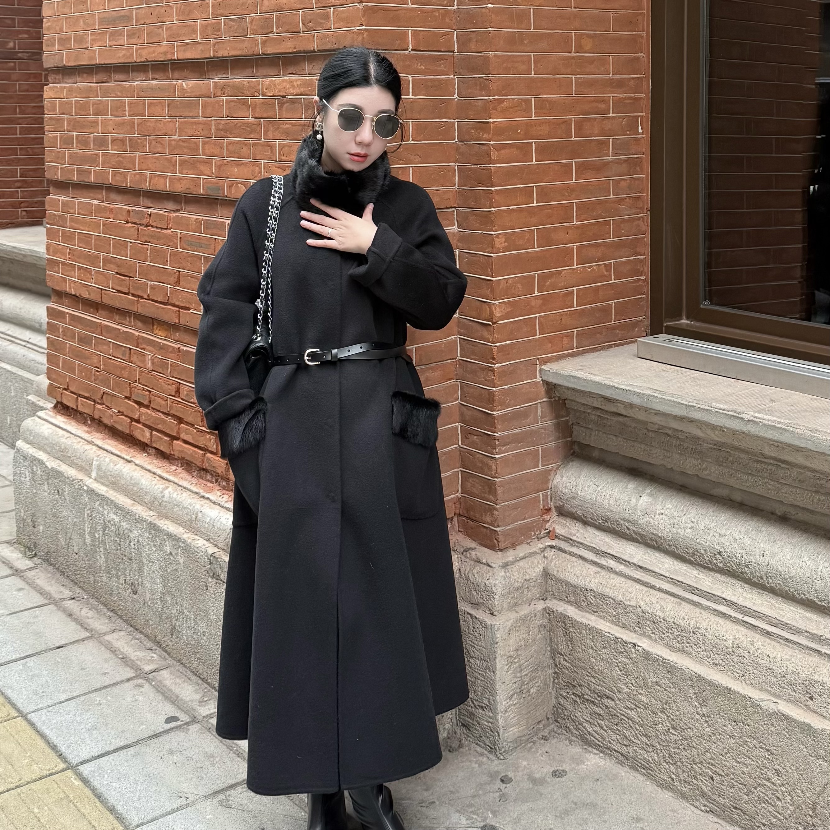 ZR【至臻系列】水貂毛领气质宽松显瘦长款羊绒大衣