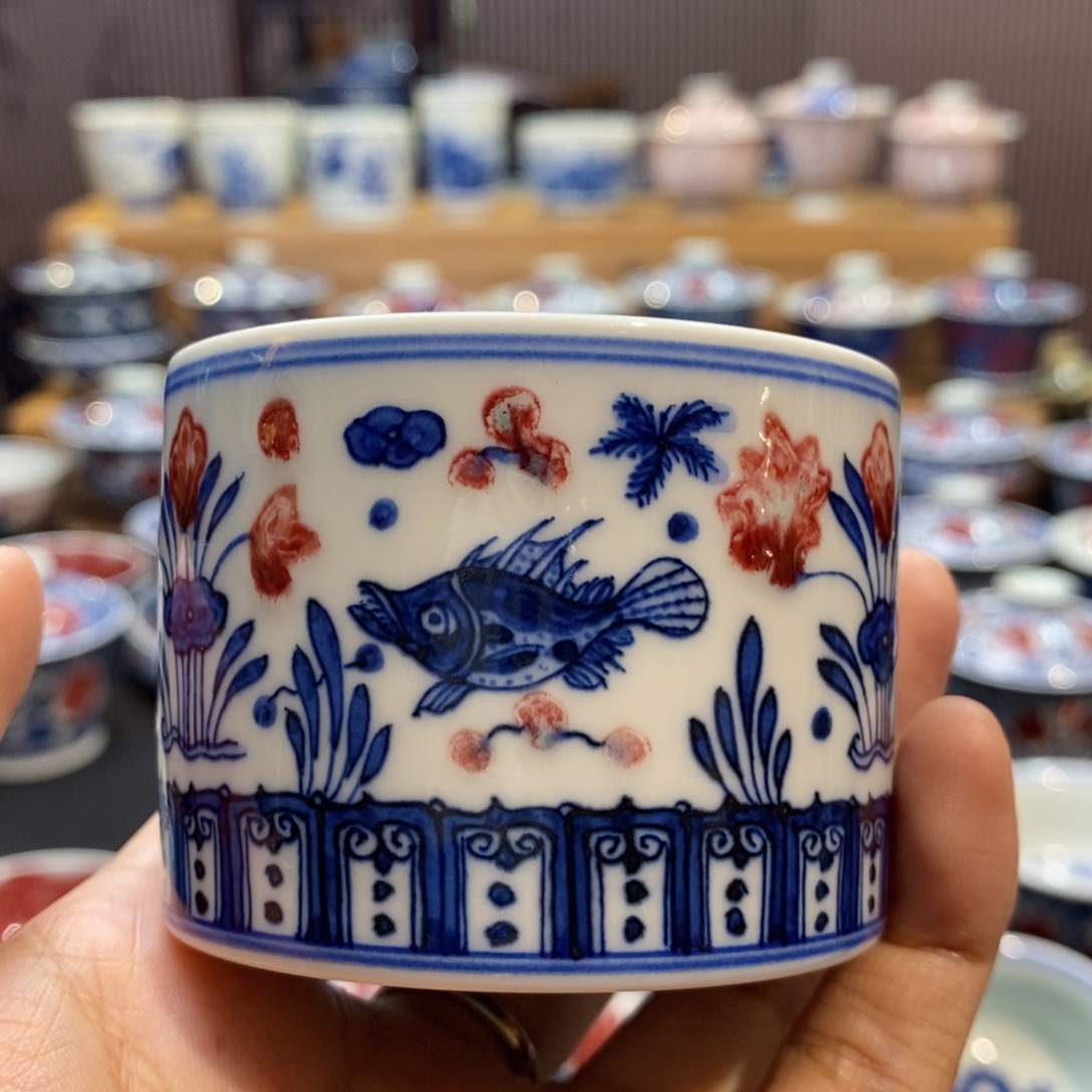 鱼澡扳指杯手绘原矿