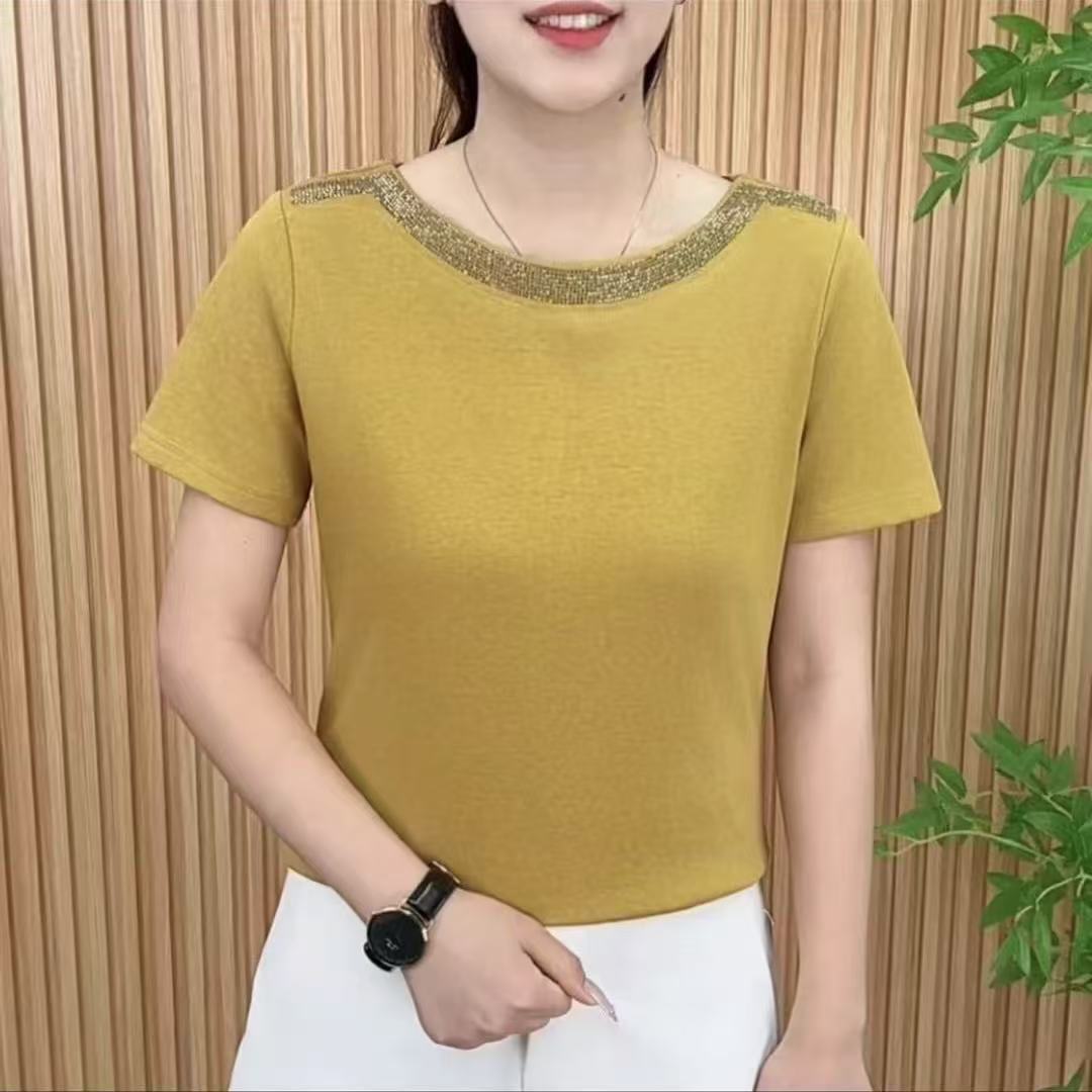 夏季新款女士上衣圆领时尚洋气百搭中年妈妈装休闲显瘦T恤短袖
