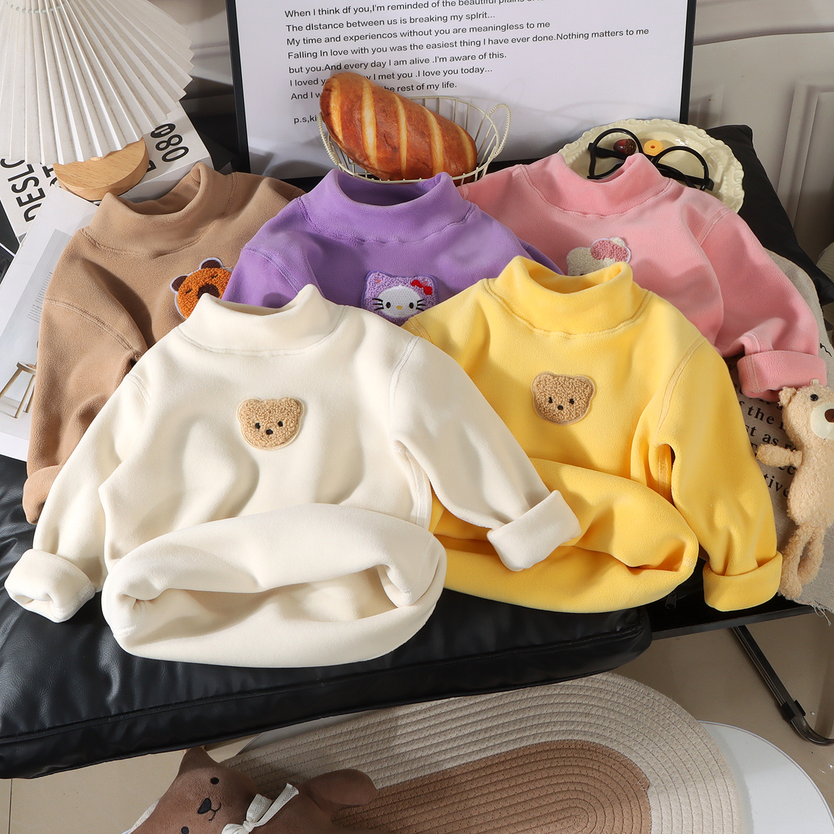 儿童加绒加厚奥粒绒卫衣秋冬无骨加绒百搭长袖男女童半高领打底衫