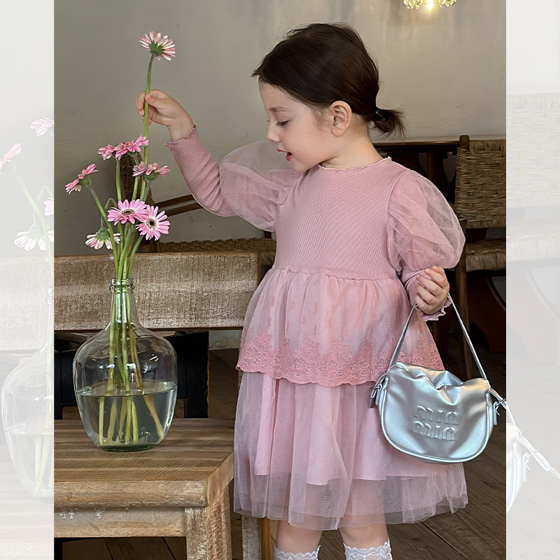 SKF2410女童韩版高级感连衣裙纱裙秋装新款儿童泡泡袖针织公主裙