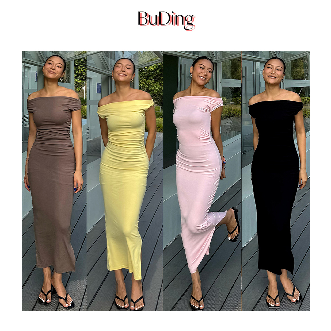 BuDing欧美辣妹修身显瘦褶皱一字肩包臀开叉连衣裙