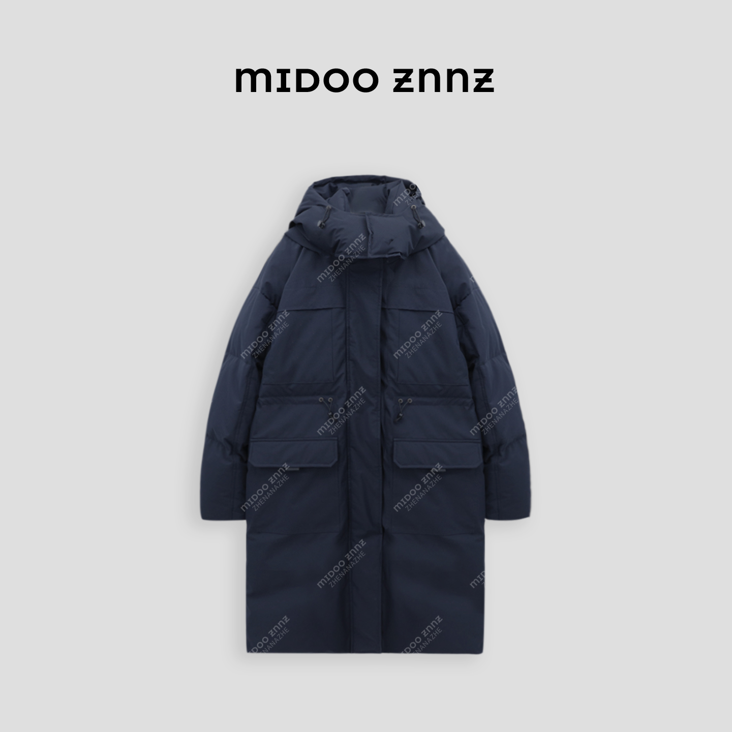 MIDOO ZNNZ 超实穿多口袋白鸭绒长款连帽羽绒服37035M
