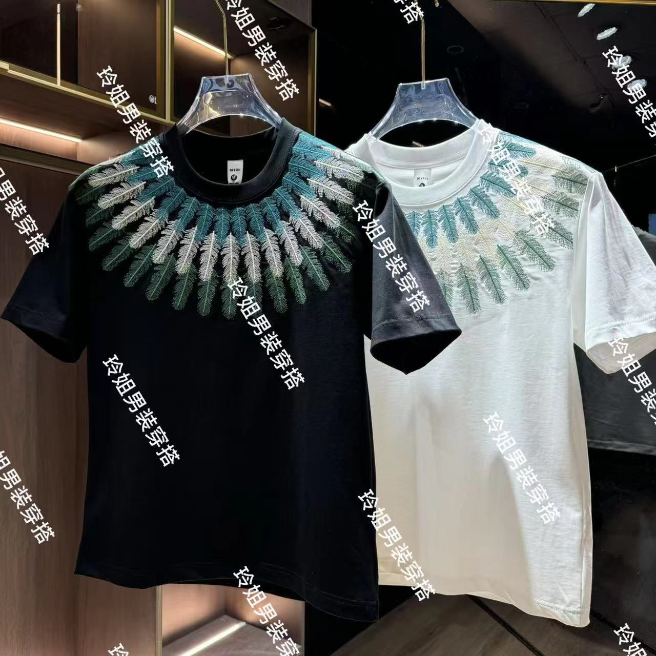 2025早春美式重磅羽毛重工刺绣圆领短袖T恤男女同款宽松潮牌半袖