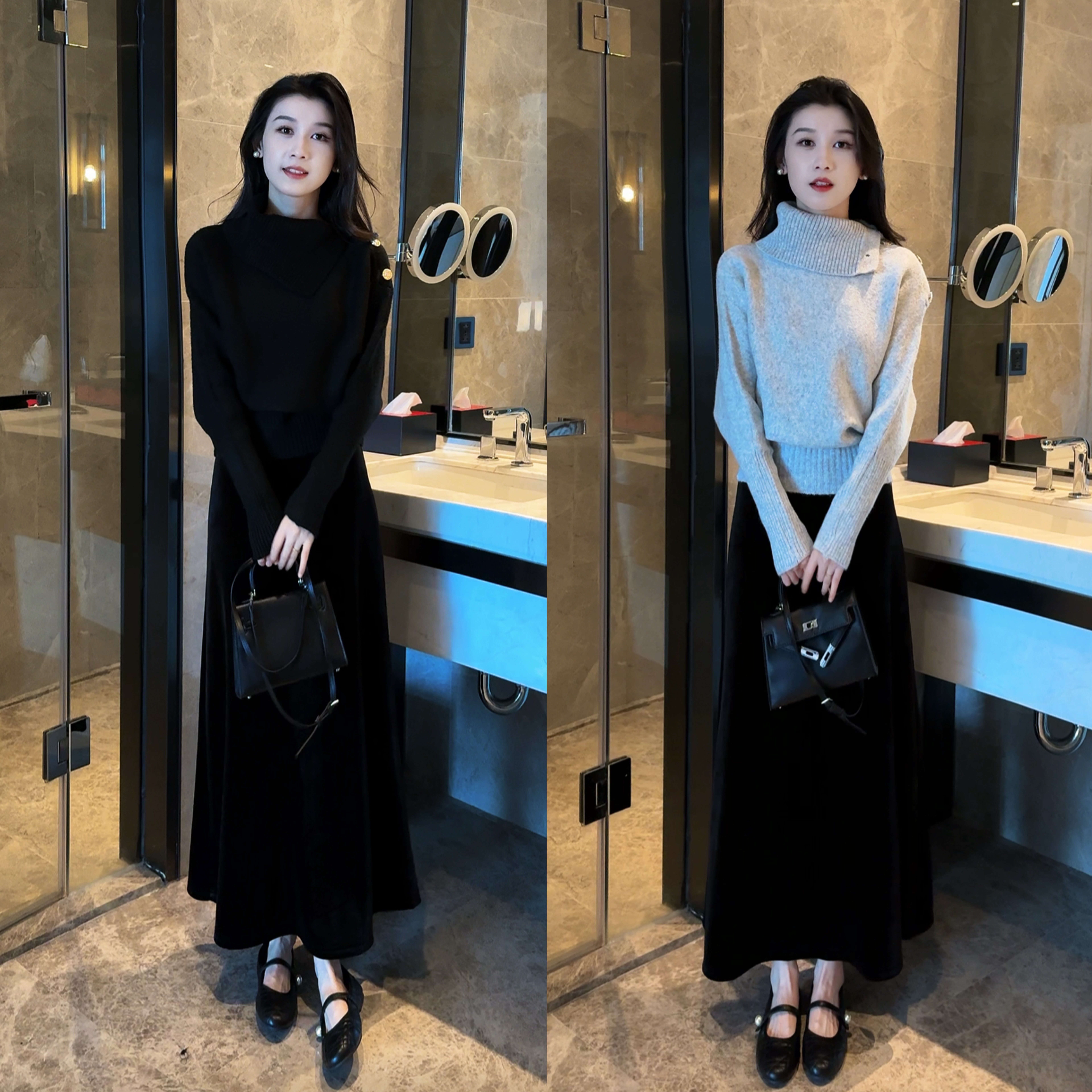 时尚轻熟秋冬加厚氛围感针织上衣+显瘦丝绒半身长裙套装