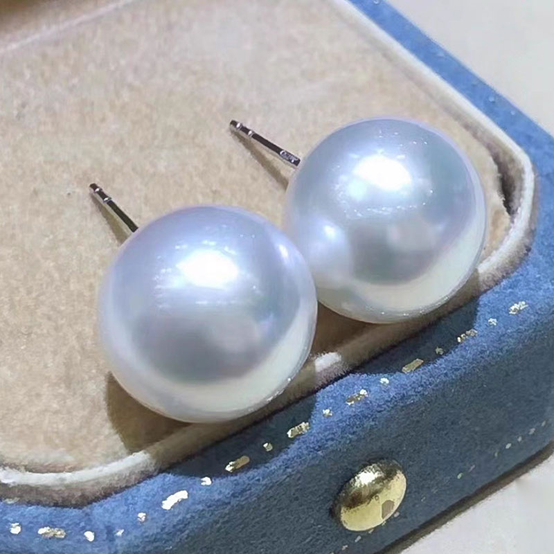 正宗淡水珍珠耳钉纯天然真品100%诸暨珍珠耳钉大粒13-14mm赛澳白
