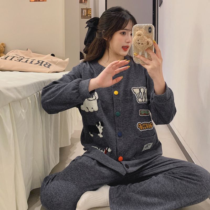 秋冬款深灰羊绒加厚保暖睡衣女款带胸垫可外穿长袖长裤家居服套装