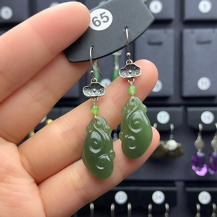 和田玉耳饰银S925镶嵌