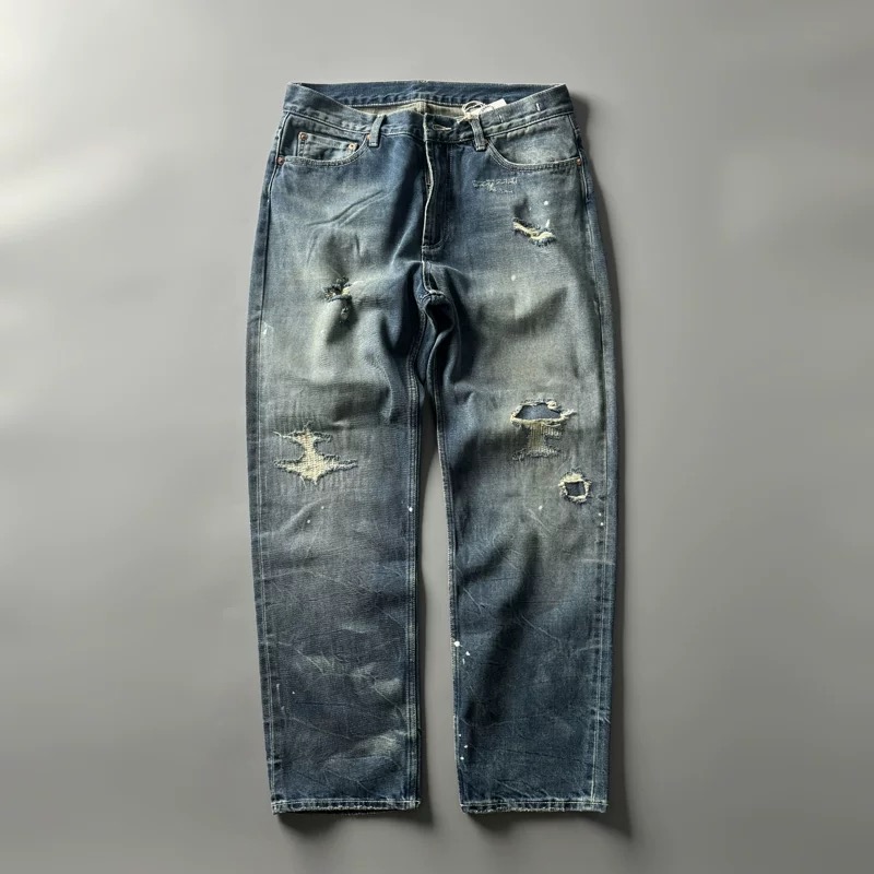 24AWK386贴布赤耳 直筒牛仔裤破烂补丁做旧宽版堆叠水洗纹破洞裤 