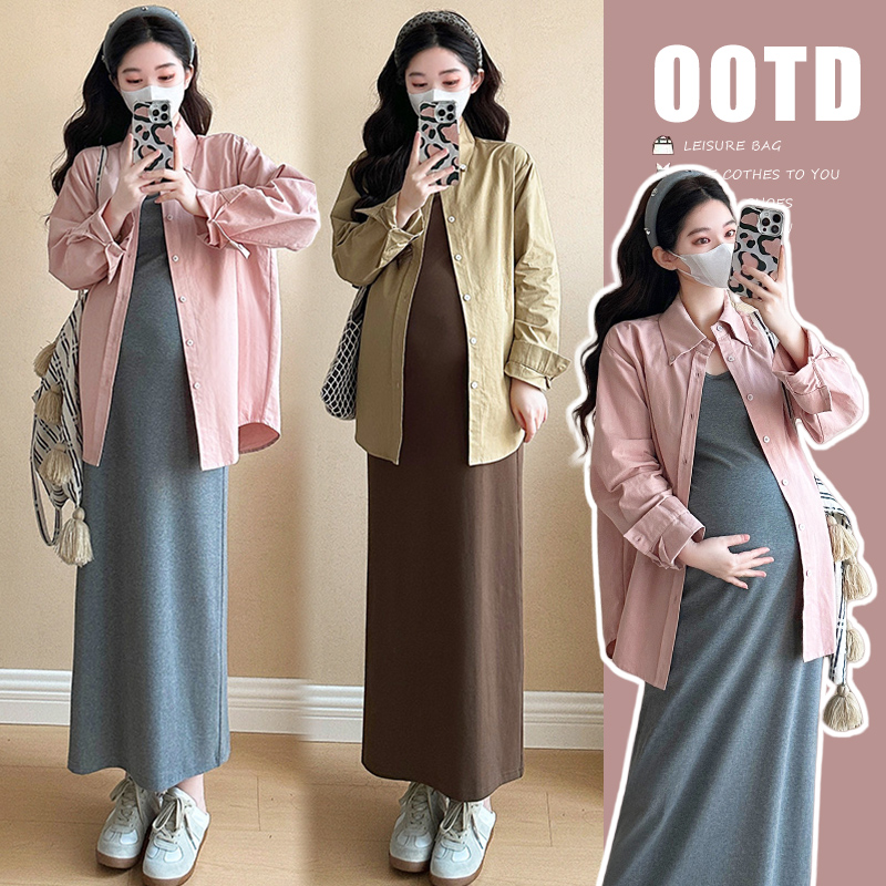 xiaobu~孕妇装春季新品吊带连衣裙+韩版衬衣孕妇