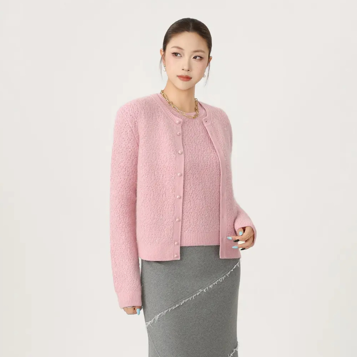 AMASS/548046阿玛施秋季松弛感亮片贵气百搭绵羊毛针织开衫外套